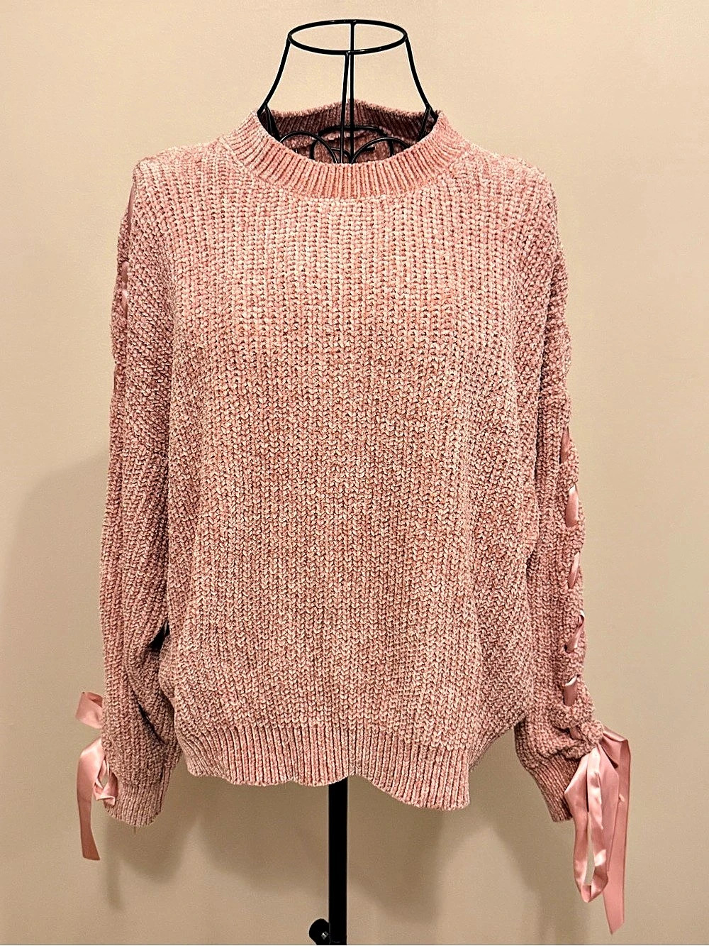 Women's Pink Solid Knit Polyester Crew Neck Pullover Ribbon Bow Sleeves XL
